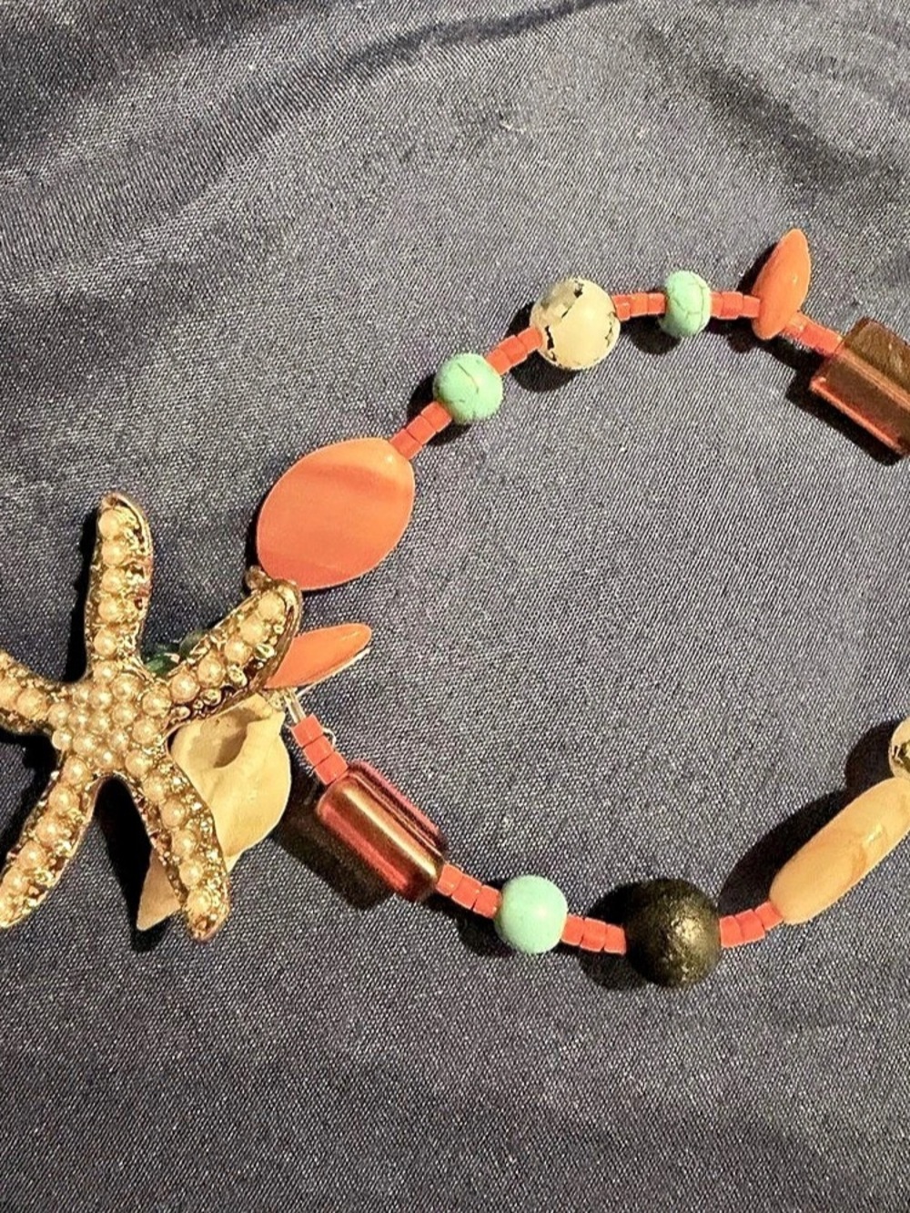 Starfish Charm Beaded Bracelet in Orange & Green vintage stretchy